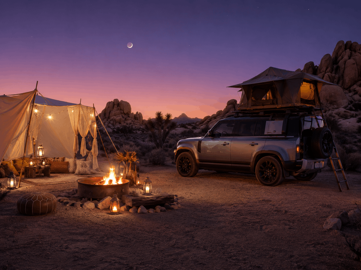 SUV en campamento al atardecer